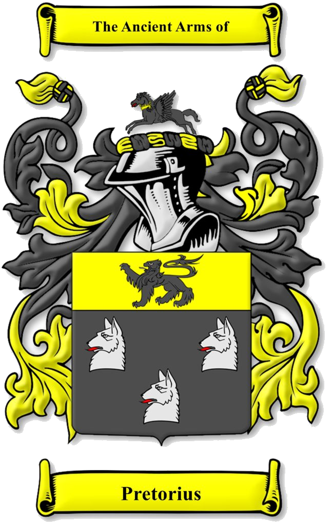 Traditional Pretorius family coat of arms - yellow and black illustrated heraldic design with lion, wolf heads, knight's helmet and Pegasus crest