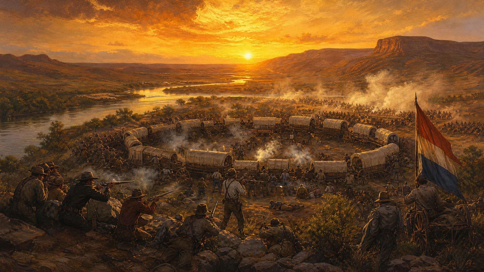 Oil painting depiction of the Battle of Blood River with Voortrekker wagons in laager formation