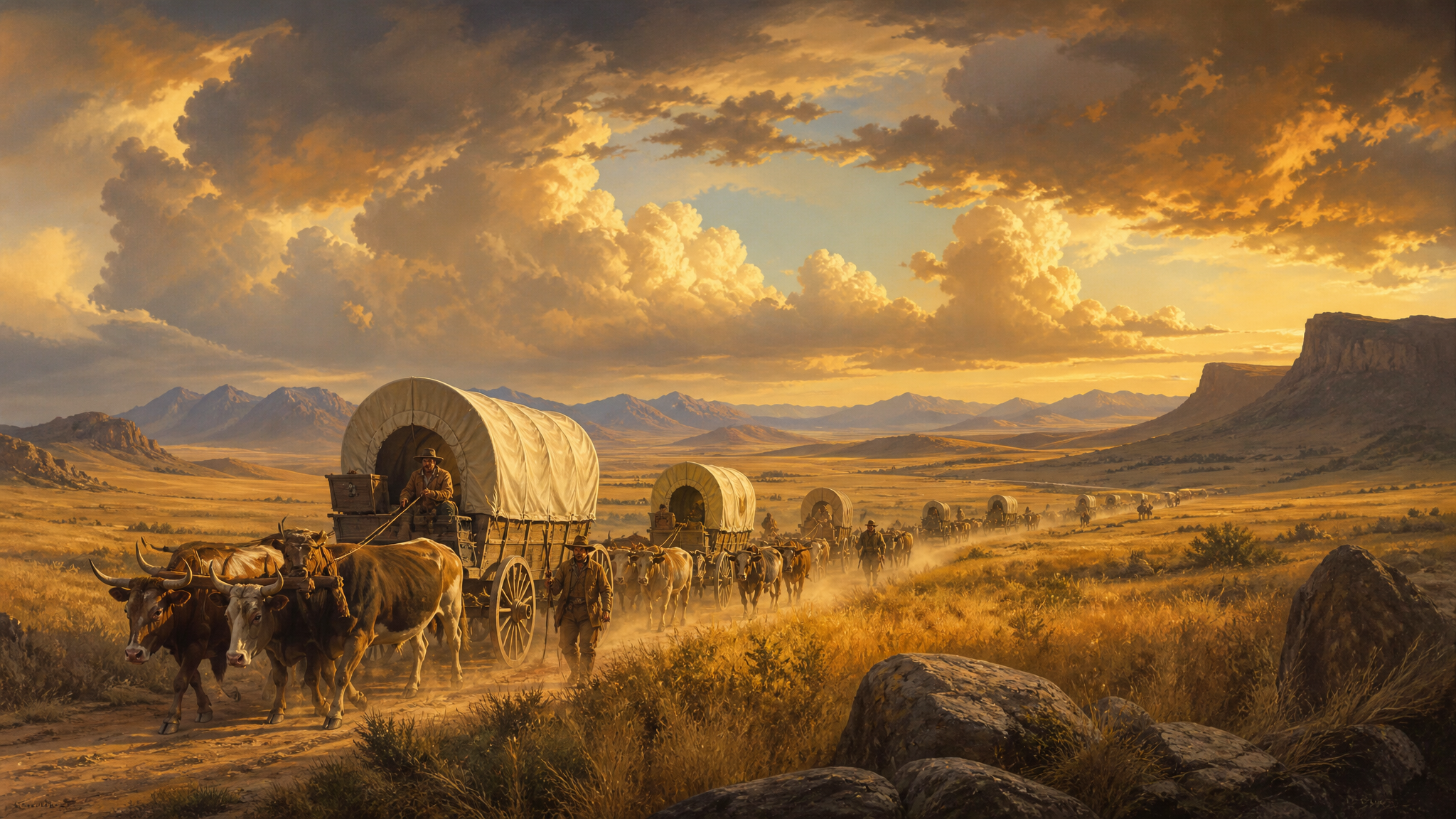 Cinematic painting of Voortrekker ox wagons trekking across the South African highveld