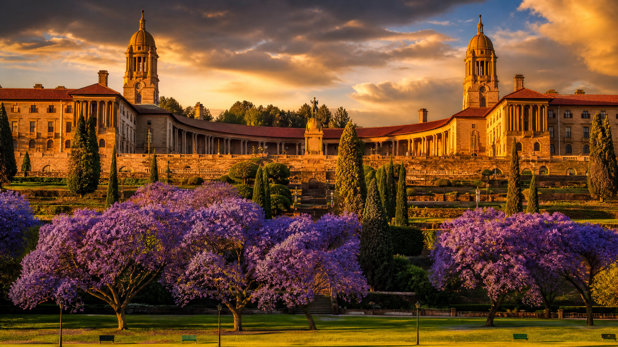 The Union Buildings in Pretoria with jacaranda trees in bloom